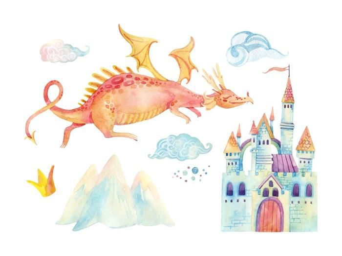 Watercolor Fairy-tale Dragon Castle Wall Decal Sticker Set added by Courtney Hill