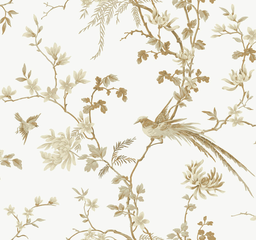 Ronald Redding 24 Karat Bird & Blossom Chinoiserie Wallpaper - White & added by Ally Stybaniewicz