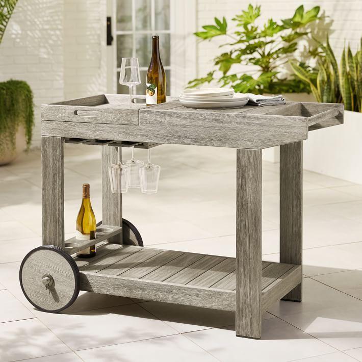 Scroll to Previous ItemScroll to Next ItemSustainably SourcedPortside Bar Cart, Driftwood$599 Limited Time Offer $569.05SELECT COLOR: Weathered GrayQUANTITY-+SKU: 9966401Eligible For White Glove Or Doorstep Delivery Shipping OptionsShip To HomeIn Stock + Ready to ShipOrder now for delivery Feb. 24 - Mar. 10 to zip code: 18017Ship To Store Not available near 3675 Hickory Hill Rd, Bethlehem, PA 18015, United StatesChoose a different StoreThis item is not available for store pickup.$599Limited Time Offer $569.05As low as $52/month or 0% APR with Affirm. Learn more Add To CartMake a Free Design AppointmentAdd to RegistryEarn $56.91 (10%) back in rewards for your first 30 days2, or choose 12 months special financing3, with the West Elm Credit Card. Learn More Apply Now added by Laurence Bradford
