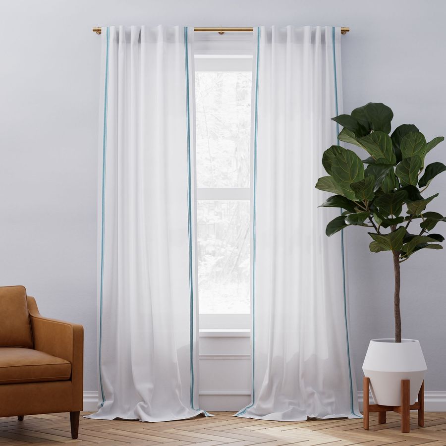European Flax Linen Embroidered Stripe Curtain - White/Silver Blue added by Hillary Giampietro