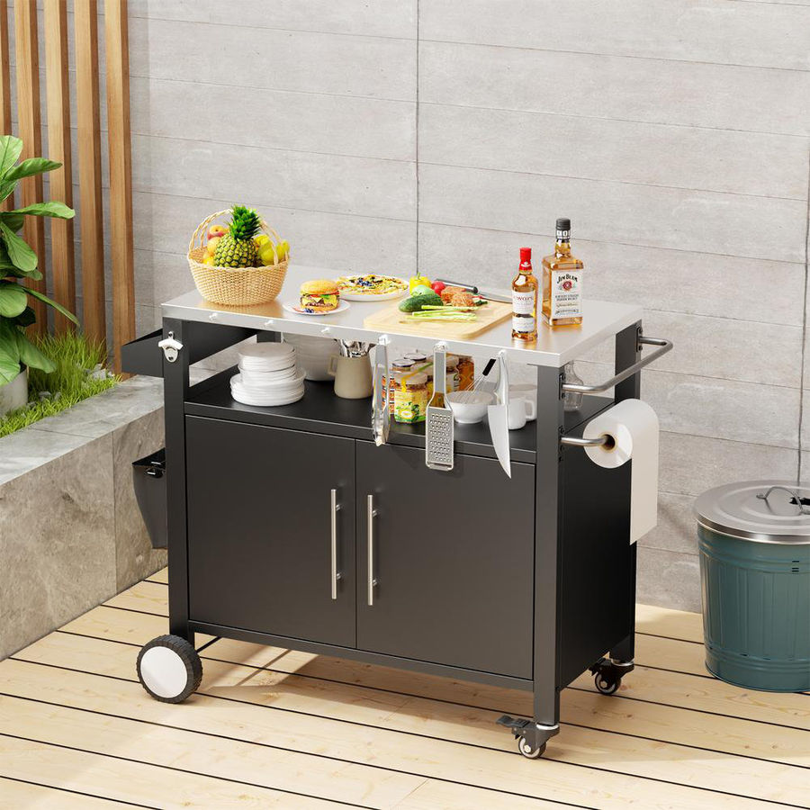 Latitude Run® Outdoor Rolling Grill, Bar Cart – 2-Door BBQ Table with Storage, Hooks & Spice Rack | Wayfair added by Hayley Wechsler
