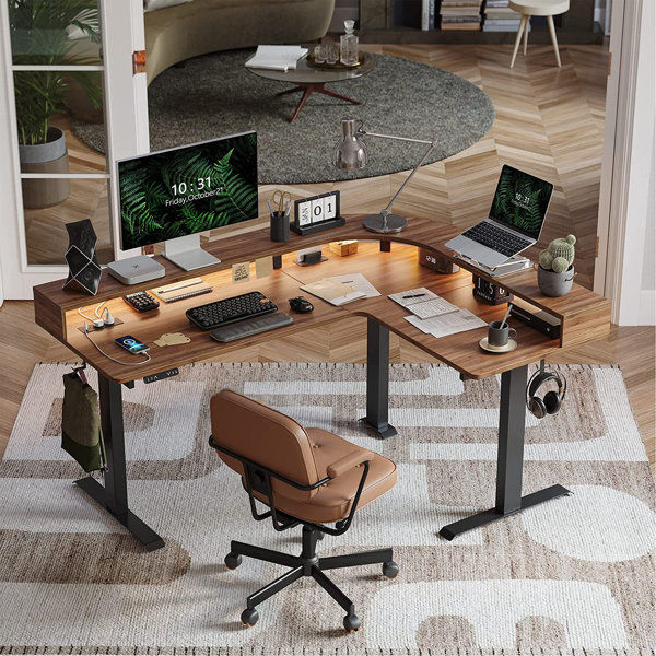 Triple Motor L Shaped Stadning Desk With LED Strip added by Where The Heart Is Designs
