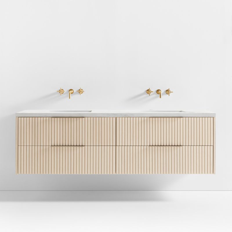 Batten 72" White Marble Top and Oak Wood Double Sink Floating Vanity added by Spoak Member