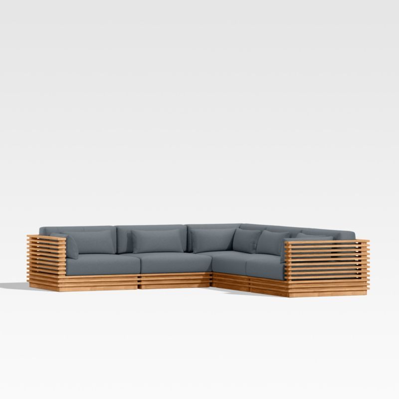 Batten Natural Teak 5-Piece L-Shaped Outdoor Sectional Sofa with Canvas Haze Blue Sunbrella ® Cushions added by Spoak Member