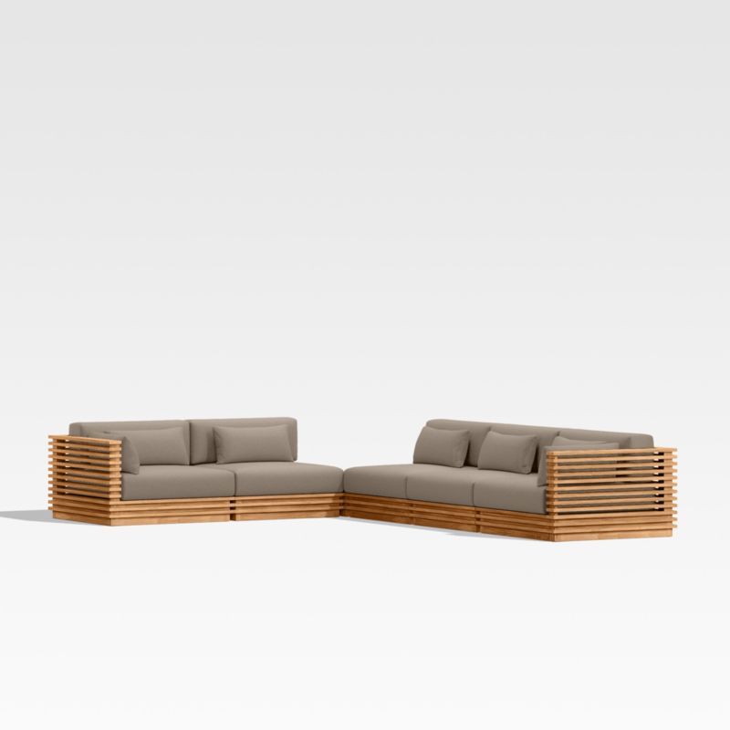 Batten Natural Teak 6-Piece L-Shaped Outdoor Sectional Sofa with Corner Coffee Table & Cast Shale Brown Sunbrella ® Cushions added by Spoak Member