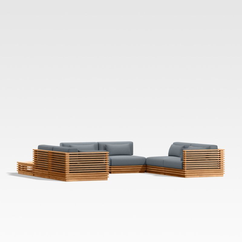 Batten Natural Teak 8-Piece U-Shaped Outdoor Sectional Sofa with Corner Coffee Tables & Canvas Haze Blue Sunbrella ® Cushions added by Spoak Member