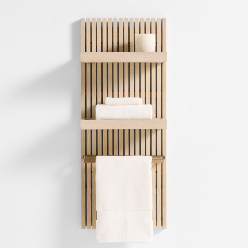 Batten 39" White Oak Wood Bath Wall Panel with 2 Bath Wall Shelves and 1 Brass Bath Towel Bar added by Spoak Member
