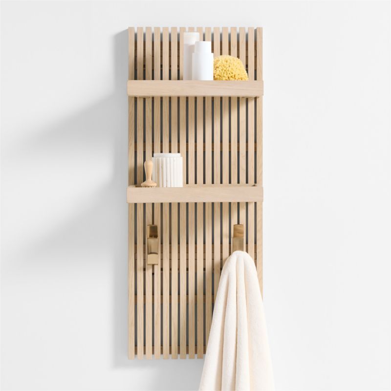 Batten 39" White Oak Wood Bath Wall Panel with 2 Bath Wall Shelves and 2 Brass Bath Towel Hooks added by Spoak Member