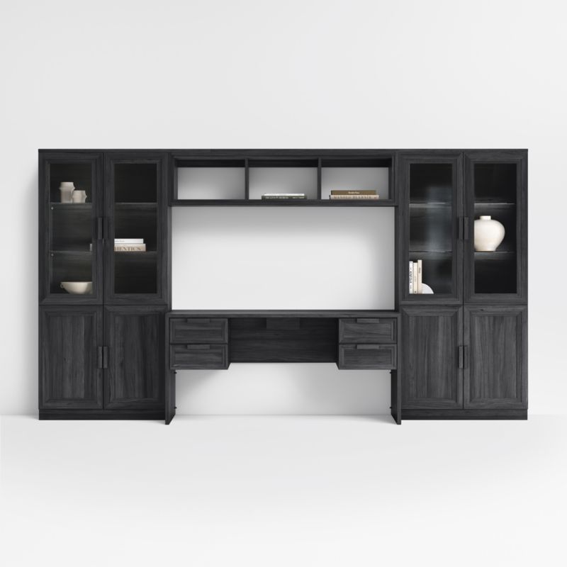 Calypso 136" Black Wood Desk Set with Glass and Wood Storage Cabinet and Bridge added by Spoak Member