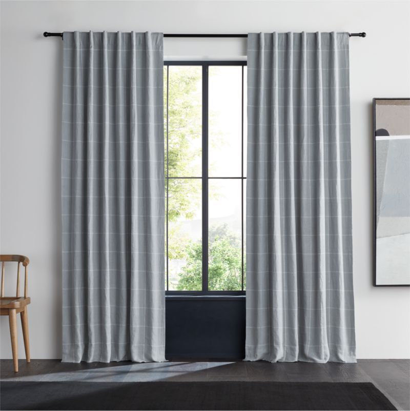 Mist Blue & Crisp White Linen Double Pinstripe Grid Blackout Window Curtain Panel 52"x84" added by Spoak Member