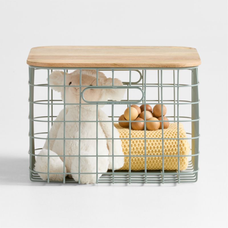 Outline Sage Medium Wire Metal Floor Storage Bin with Wood Lid added by Spoak Member
