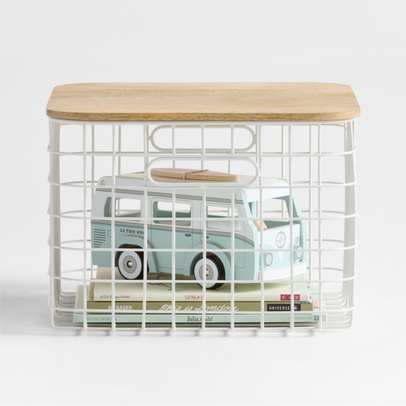 Outline White Medium Wire Metal Floor Storage Bin with Wood Lid added by Spoak Member
