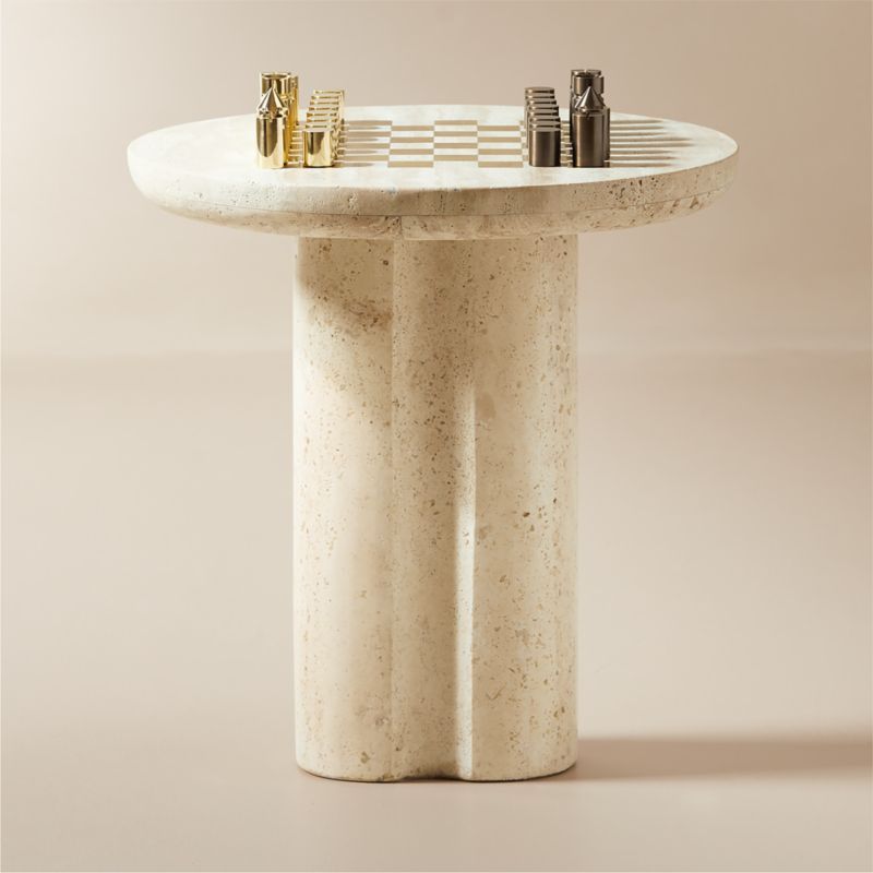 Kikko Travertine Game Side Table with Brass Chess Set | CB2 added by Spoak Member