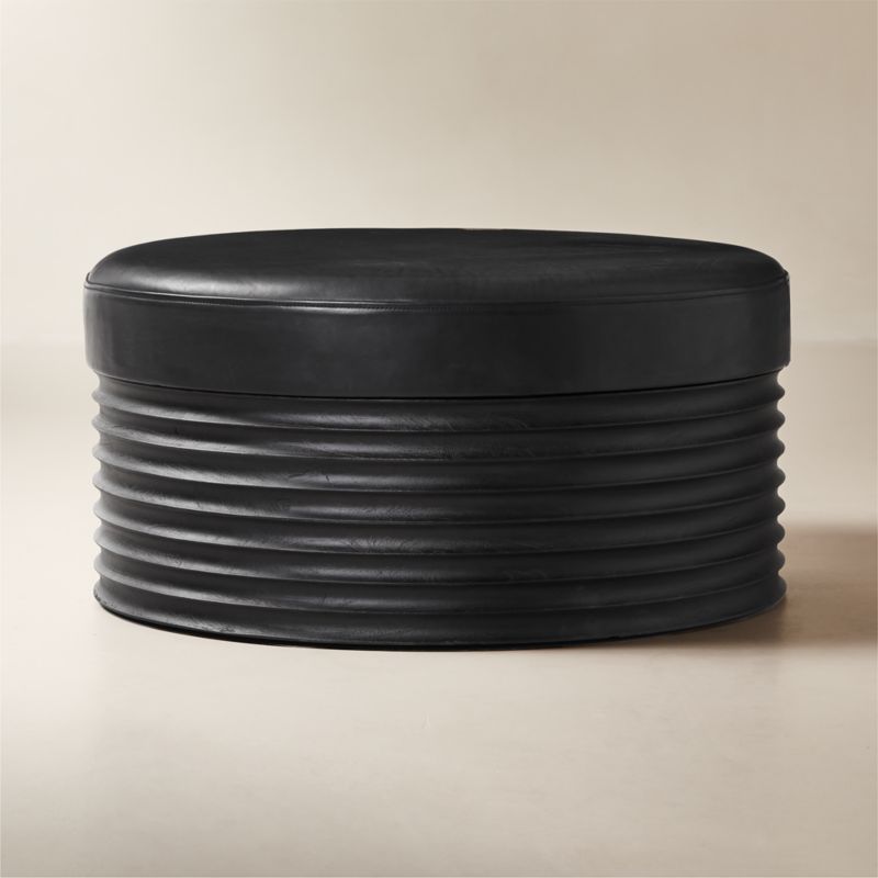 Mozambique Black Leather and Acacia Wood Ottoman | CB2 added by Spoak Member