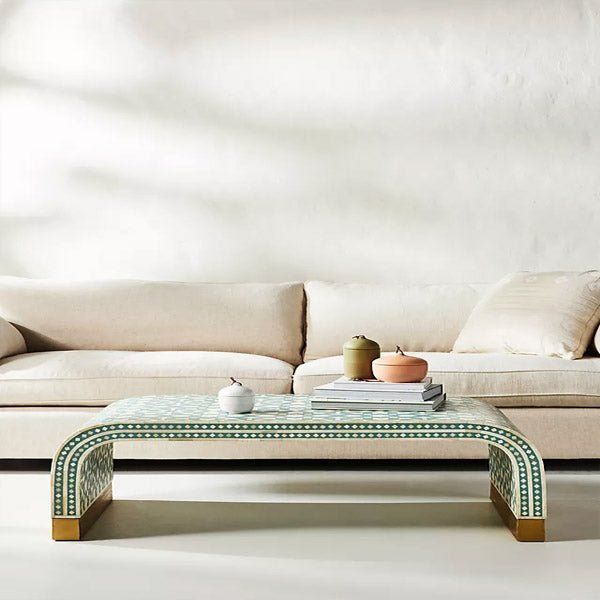 Handmade Bone Inlay Waterfall Coffee Table In Light Green Color added by Alex Brink