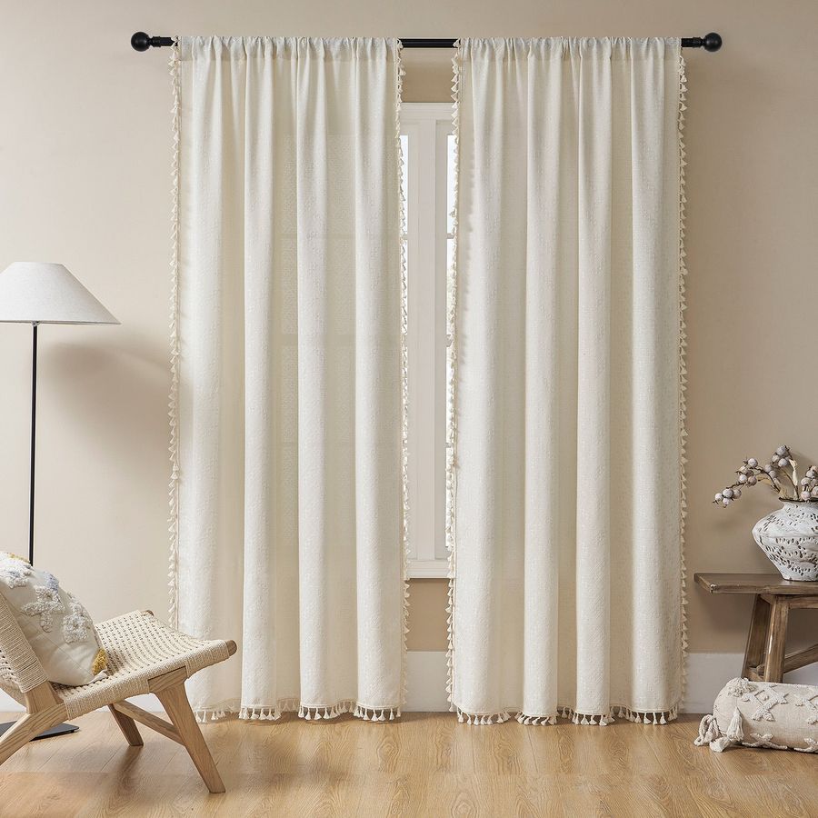 Joydeco Beige Boho Curtains 84 Inches Long 2 Panels Set, Cream Boho Curtains for Bedroom Living Room, Super Soft Light Filtering Country Rustic Semi Sheer Farmhouse Curtains Rod Pocket added by Spoak Member