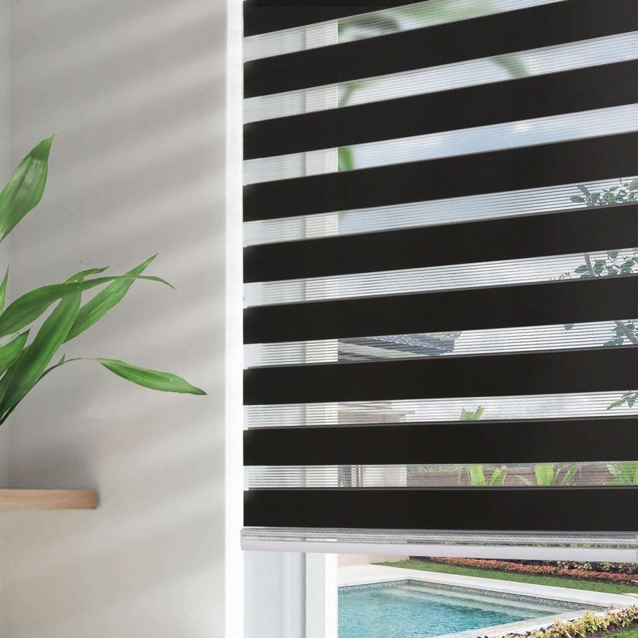 Joydeco Blackout Zebra Shades for Bedroom WindowsBlack Cordless Zebra Sheer Roller Mini Blinds Privacy Light Filtering Dual Layer for Home Office added by Spoak Member