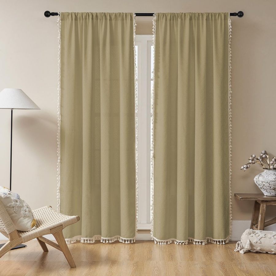 Joydeco Boho Khaki Linen Sheer Curtains - 2 Panel, Light Filtering, Farmhouse Style, Country Rustic Charm added by Spoak Member