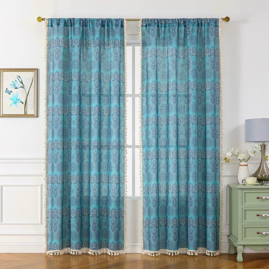 Joydeco Floral Patterned Bohemian Blue Curtains with Tassel Trim - 2 Panels added by Spoak Member