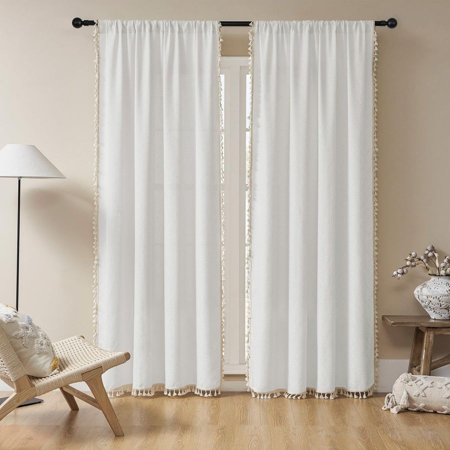 Joydeco White Boho Curtains Country Rustic Linen Sheer Curtains - 2 Panels added by Spoak Member