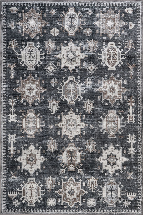 Brenda Hazy Heraldry Spill Proof Washable Rug | Dark Grey added by Spoak Member