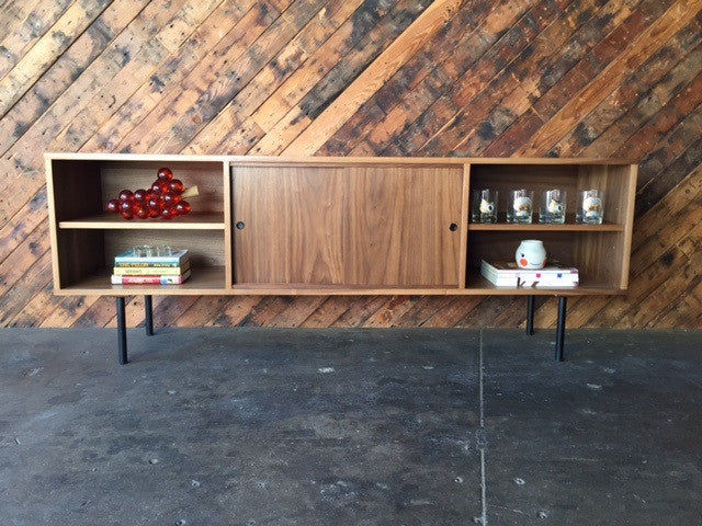 Mid Century Style Custom Walnut Credenza with 3 bays and 2 sliding doors added by Spoak Member