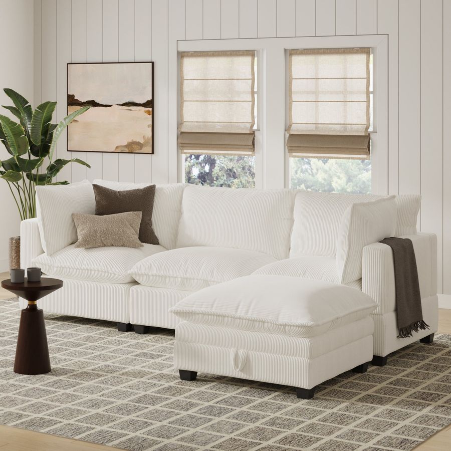 Corduroy 3-Seat Cloud Sofa Couch & Storage Ottoman Pearl White added by Spoak Member