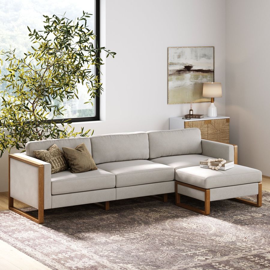 Soft Fabric 3-Seat Wood Frame Sofa Couch & Storage Ottoman Gray added by Spoak Member