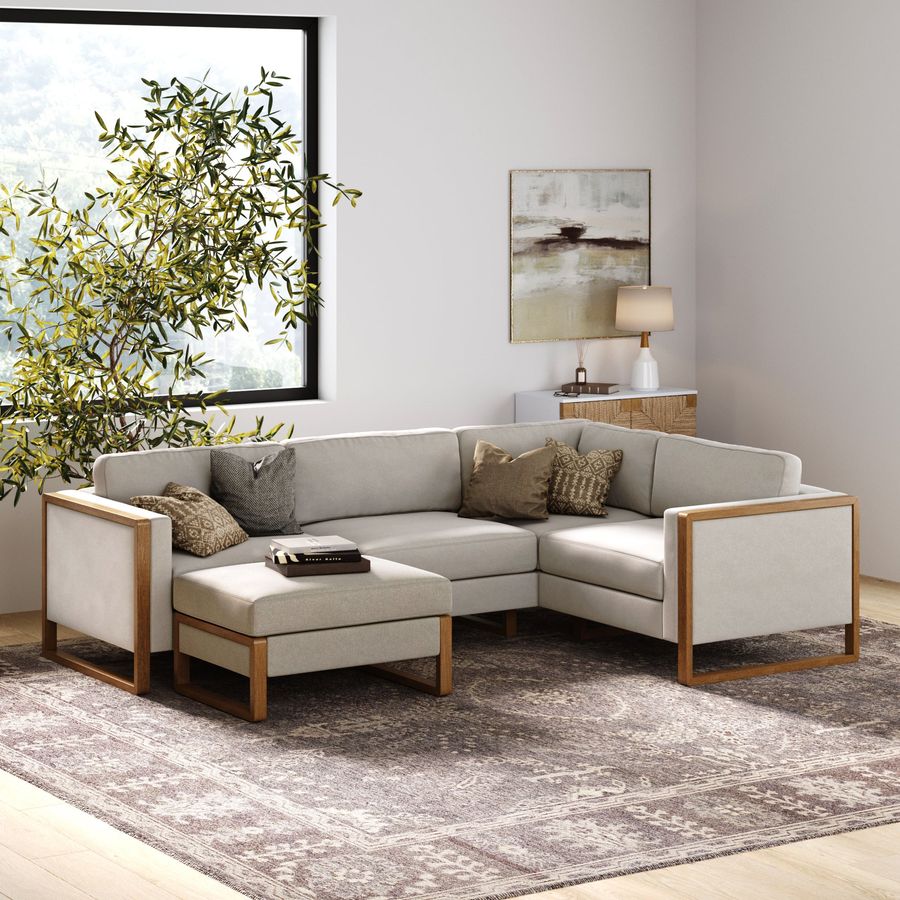 Soft Fabric 4-Seat Wood Frame Sectional Sofa Couch & Storage Ottoman Gray added by Spoak Member