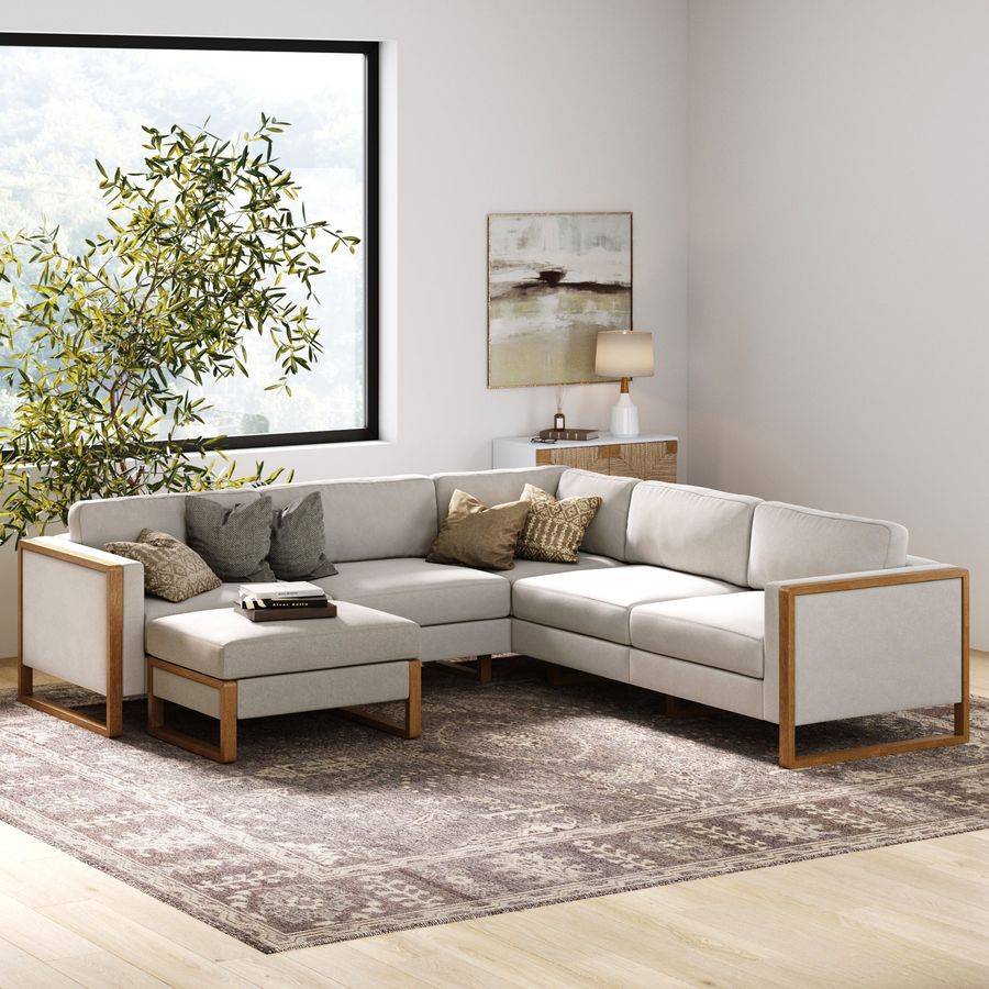 Soft Fabric 5-Seat Wood Frame Sectional Sofa Couch & Storage Ottoman Gray added by Spoak Member