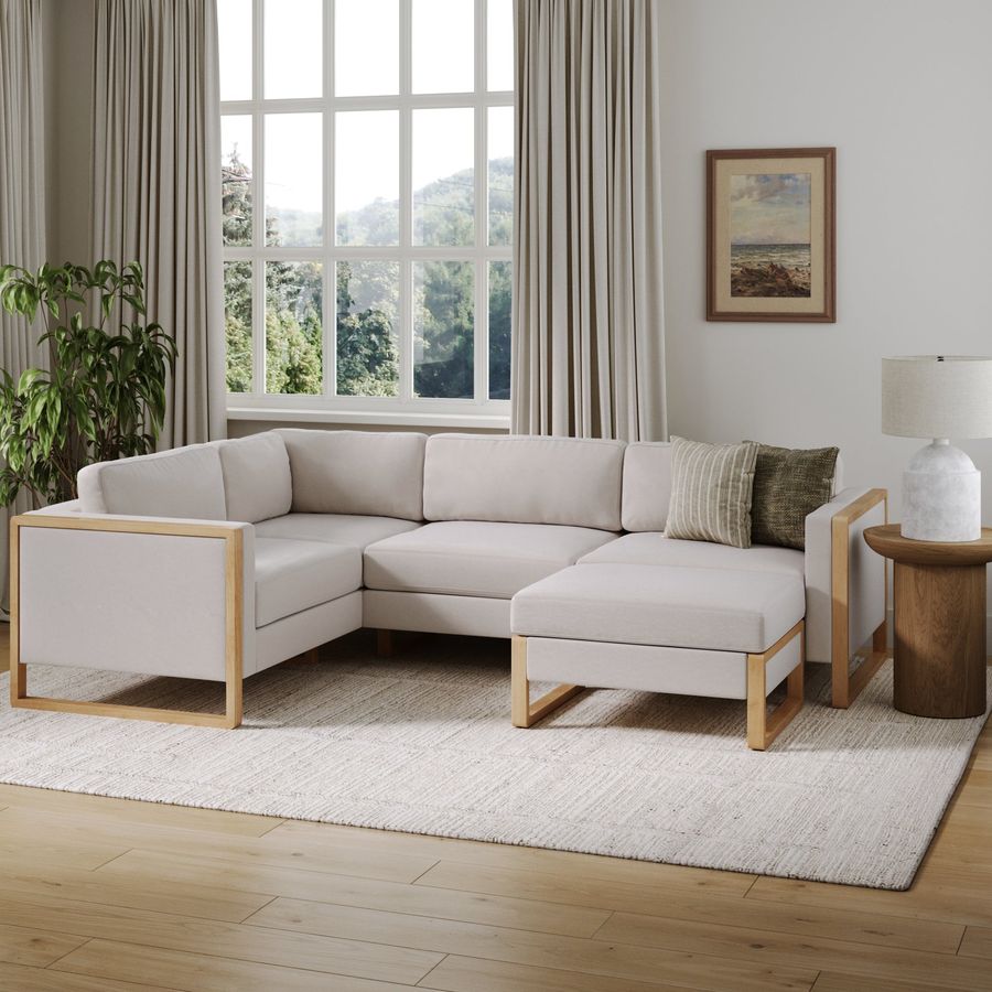 Soft Fabric 4-Seat Wood Frame Sectional Sofa Couch & Storage Ottoman Bisque added by Spoak Member
