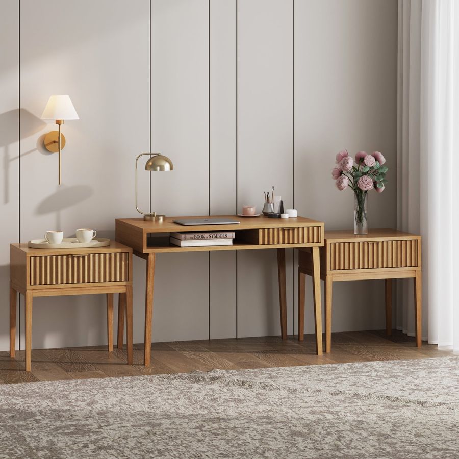 Solid Wood Fluted Desk & 2 Nightstands Bedroom Vanity Set added by Spoak Member