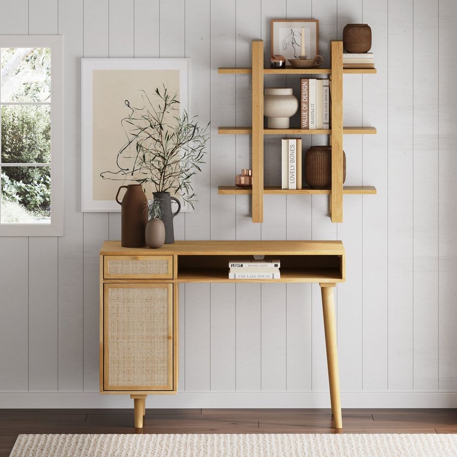 Solid Wood & Rattan Desk & Bookshelf Wall Unit added by Spoak Member