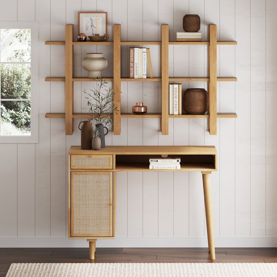 Solid Wood & Rattan Desk and Bookshelf Wall Unit added by Spoak Member