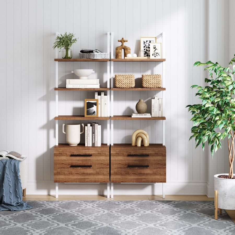 Wood Ladder Storage Bookshelves with Doors Oak Set of 2 added by Spoak Member