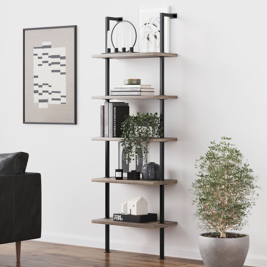 5-Shelf Bookshelf Light Gray Oak Matte Black added by Spoak Member