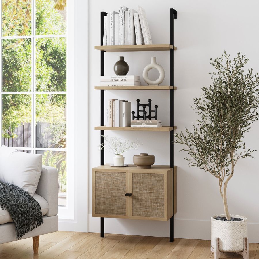 Rattan Ladder Storage Bookshelf with Doors Light Oak added by Spoak Member