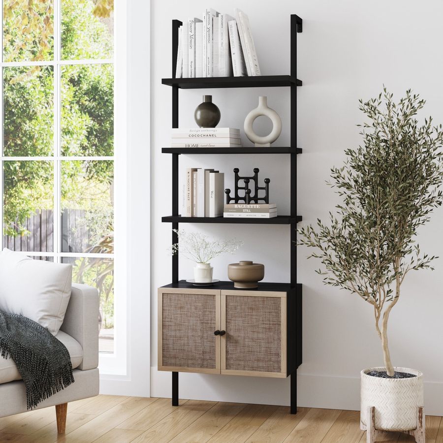 Rattan Ladder Storage Bookshelf with Doors Black added by Spoak Member