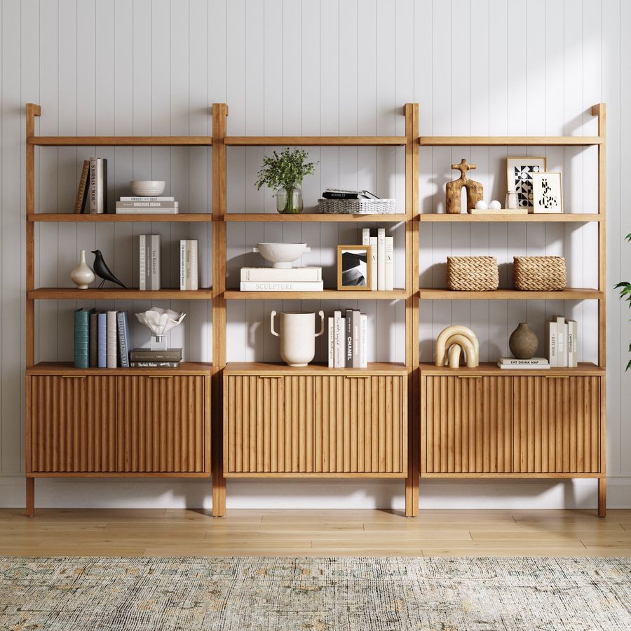 Mid-Century Fluted Wall Bookshelves with Doors Warm Pine (Set of 3) added by Spoak Member