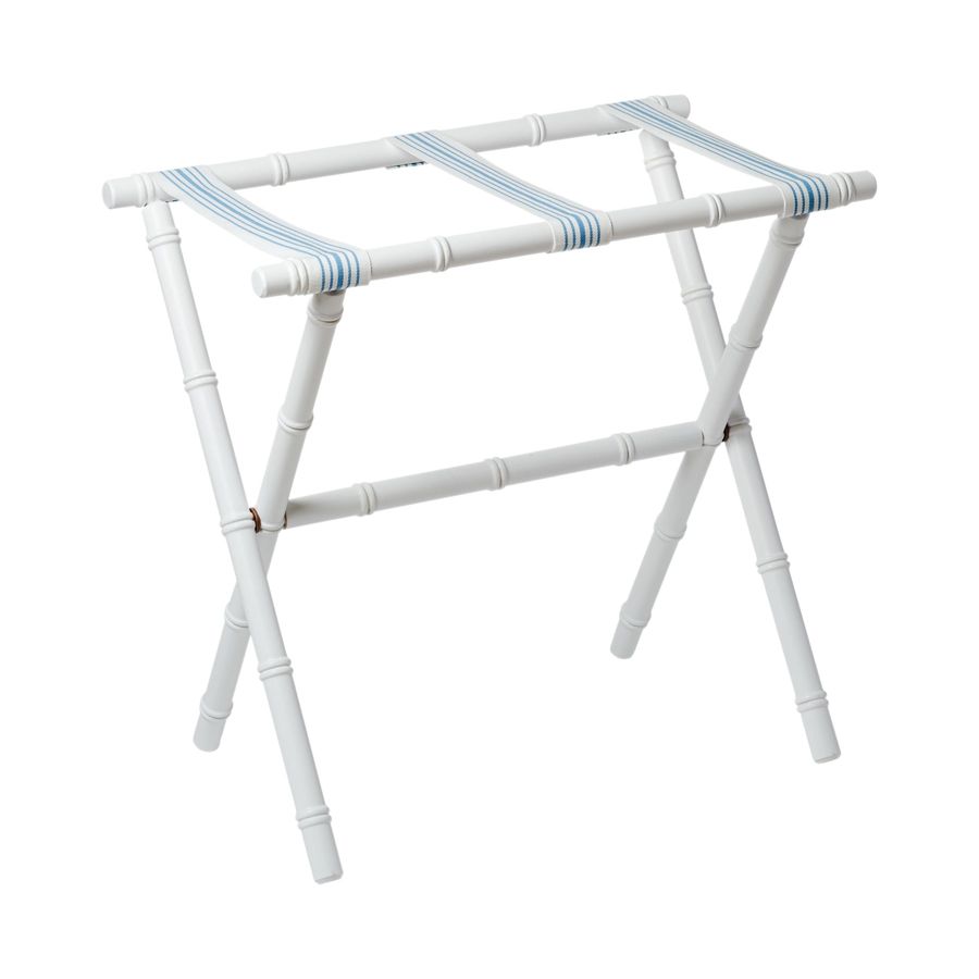 RESORT BAMBOO LUGGAGE RACK - WHITE WITH LIGHT BLUE STRIPE STRAPS added by Where The Heart Is Designs