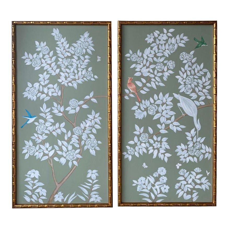 Celadon Green Chinoiserie Panels Framed in Gold Bamboo - Set of 2 added by Jo Church