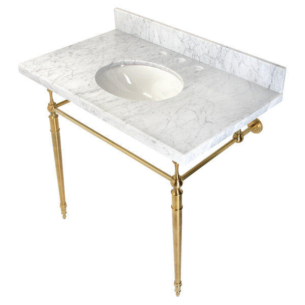 Kingston Brass Edwardian 36-Inch Carrara Marble Console Sink with Brass Legs (8-Inch, 3-Hole) added by Lauren Kitchen