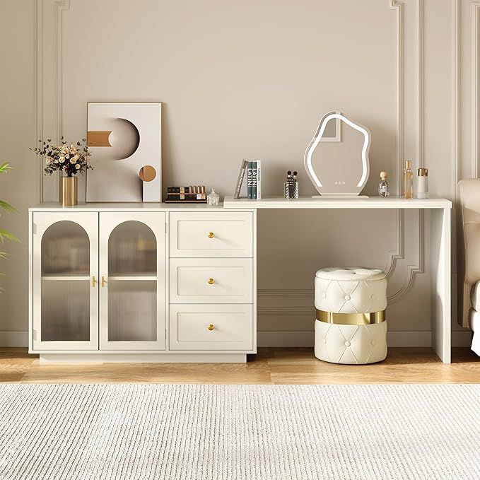 RoyalCraft White Makeup Vanity Desk, Modern L Shaped Corner Vanity with Storage, Wood Large Dressing Table for Women Girlfriend, Extendable Makeup Table for Bedroom (Without Mirror) added by Sarah Jackson