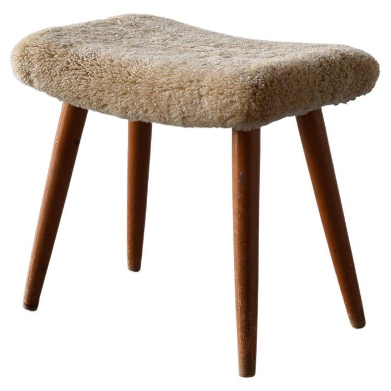 Swedish Designer, Stool, Wood, Sheepskin, Sweden, 1950s added by Chanel Jezek