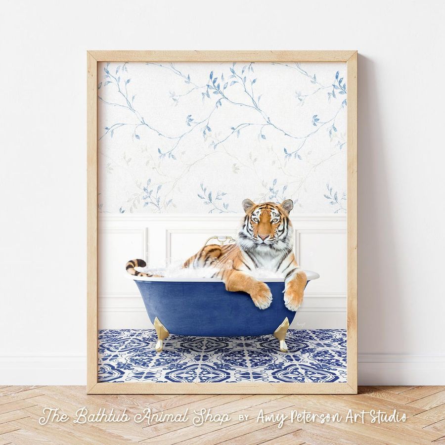 Tiger in Vintage Bathtub, Eclectic Blue Style, Jungle Animal in Tub, Bathroom Art, Animal Art by Amy Peterson - Etsy added by Kathy Khuu