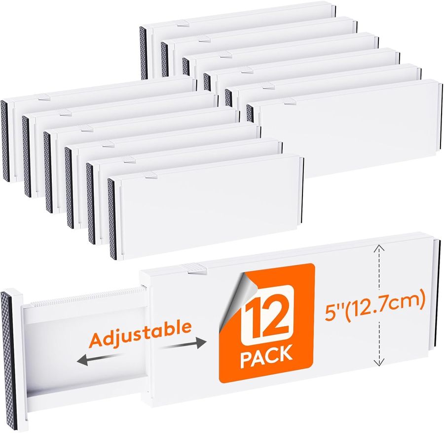Lifewit 12 Pack Drawer Dividers Plastic 5" High, 13.5-22" Adjustable Drawer Organizers for Clothes, Expandable Dresser Separators in Bedroom/Bathroom/Kitchen/Fridge/Office Organization and Storage added by Rachel Fedorov