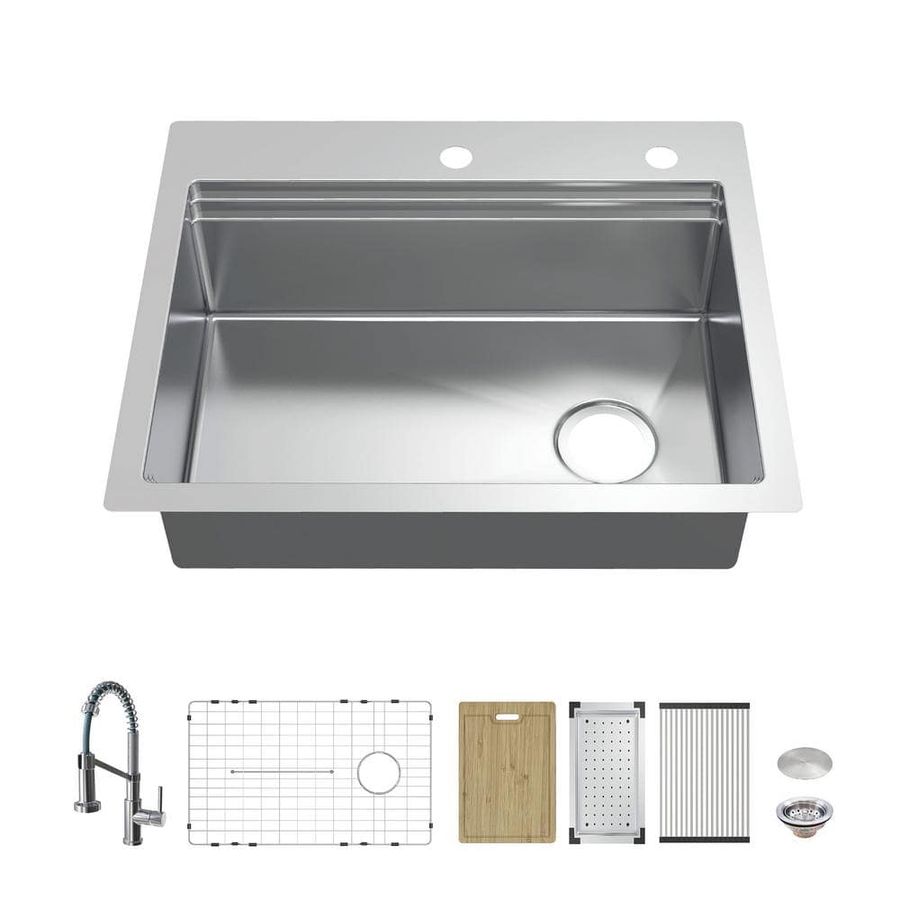 Glacier Bay Dolancourt Tight Radius 27 in. Drop-In Single Bowl 18G Stainless Steel Workstation Kitchen Sink with Spring Neck Faucet FSD2R2722A1SA1 - The Home Depot added by Katie Crum