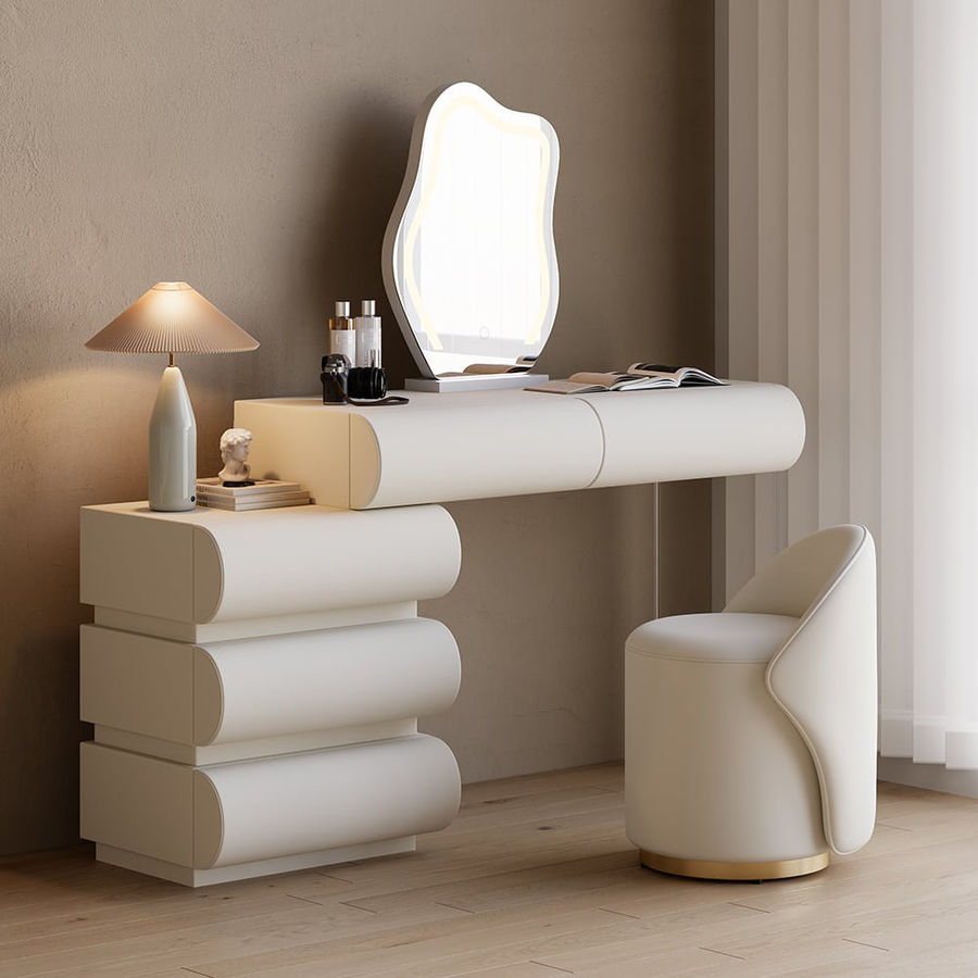 Orren Ellis Humply Modern Makeup Vanity Set PU Leather Dressing Table with Stool & LED Mirror & Reviews | Wayfair added by Emily Levine