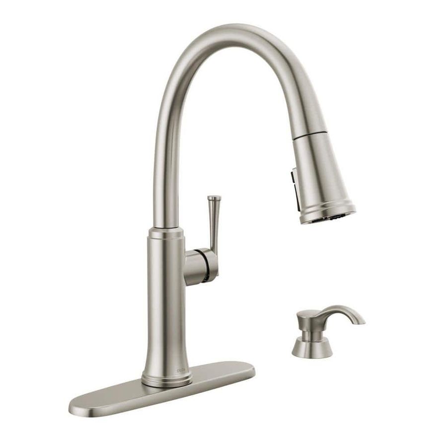 Delta Eldridge Single Handle Pull Down Sprayer Kitchen Faucet with ShieldSpray Technology in SpotShield Stainless Steel 19842Z-SPSD-DST - The Home Depot added by Stacy Roseberry