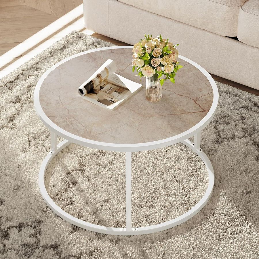 SAYGOER Small Coffee Table Marble Round Center Table Simple Modern Boho for Living Room Home Office, 27.6 * 27.6 * 17.7, Easy Assembly, Cream White Faux Marble added by KATHERINE ECK